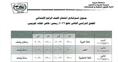 جدول امتحانات الفصل الدراسى الثانى لطلاب الصف الرابع الابتدائى فى الجيزة