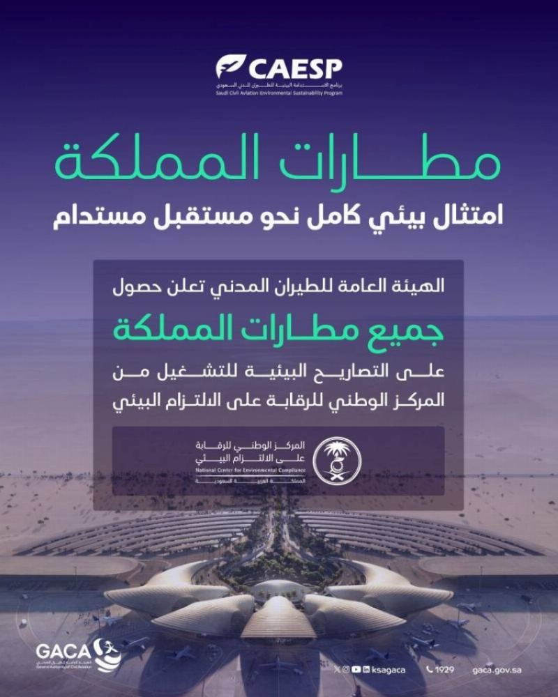 “الطيران المدني” يحقق امتثالًا بيئيًا كاملًا بحصول مطارات السعودية على تصاريح التشغيل البيئية