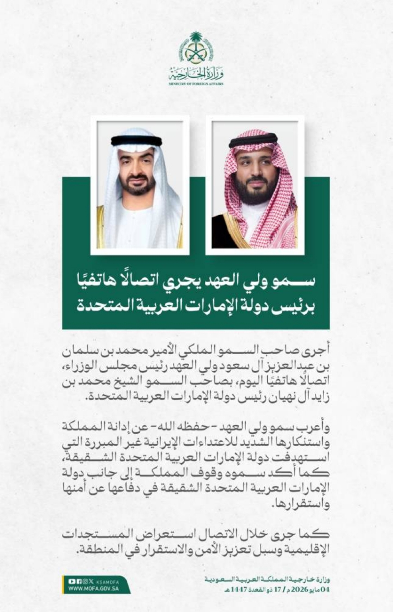 ولي العهد يجري اتصالًا هاتفيًا برئيس دولة الإمارات