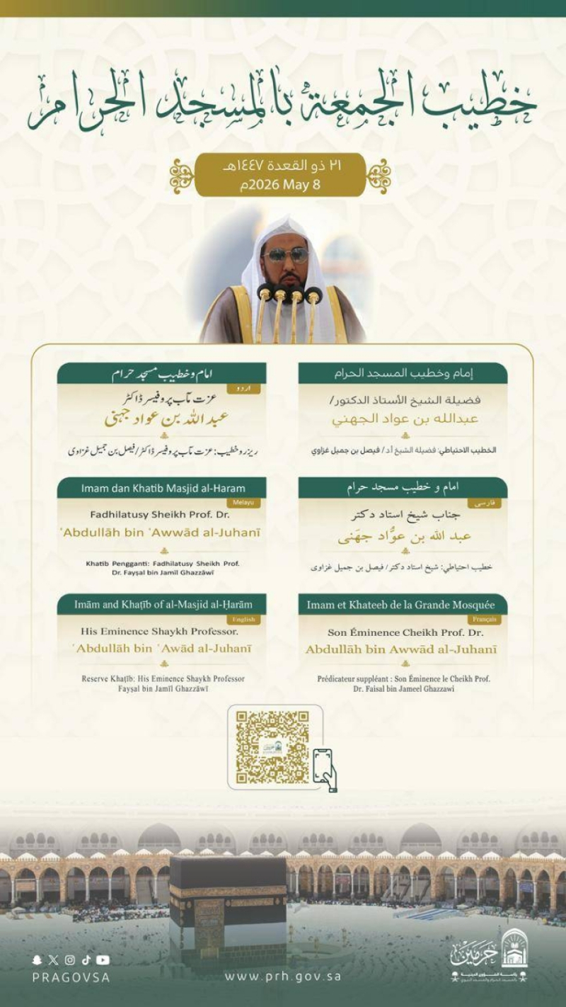 خطيبي الجمعة في الحرمين الشريفين ليوم 21 ذو القعدة