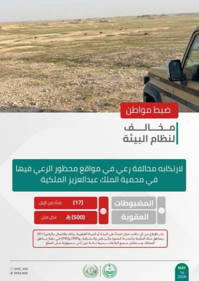 “الأمن البيئي” يضبط مخالفًا لرعي الإبل في محمية الملك عبدالعزيز الملكية
