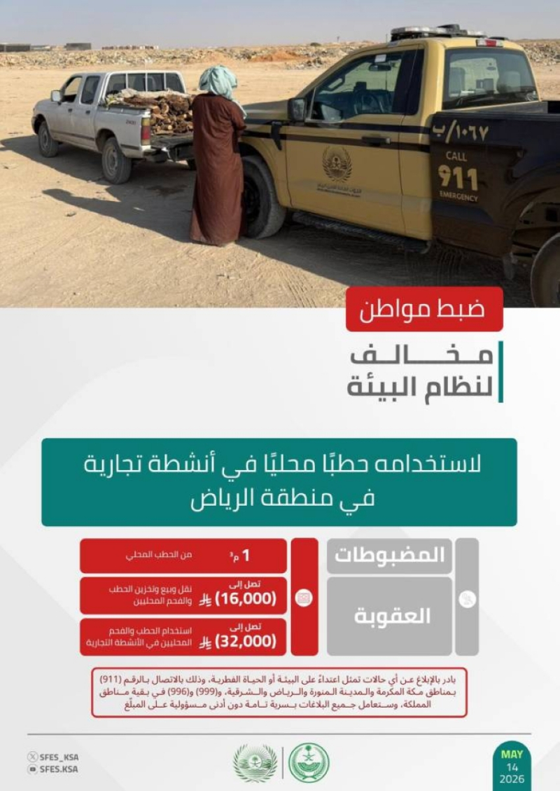 الأمن البيئي يضبط مواطنًا مخالفًا لنظام البيئة لاستخدامه حطبًا محليًا في أنشطة تجارية بمنطقة الرياض