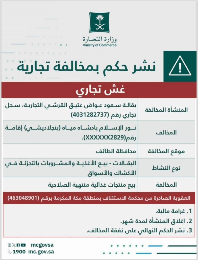“التجارة” تُشهِّر بمنشأة ومقيم لعرض منتجات غذائية منتهية الصلاحية للبيع