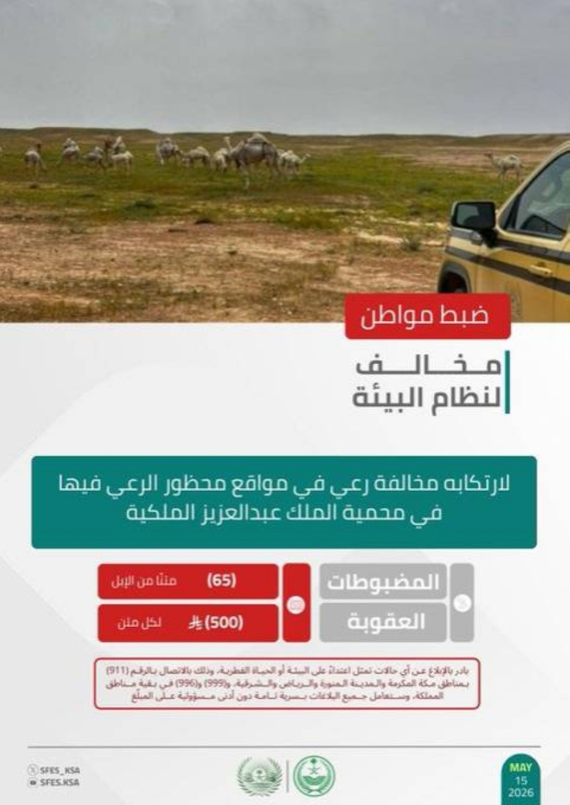 “الأمن البيئي” يضبط مواطنًا لارتكابه مخالفة رعي في محمية الملك عبدالعزيز الملكية