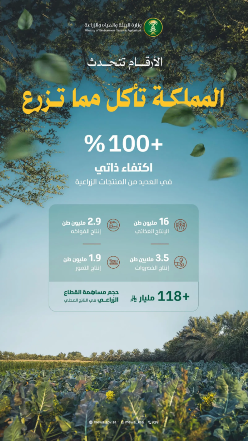 “البيئة”: جهود متواصلة ومؤشرات مرتفعة تعكس مسارًا تصاعديًا لمنظومة الأمن الغذائي واستدامته