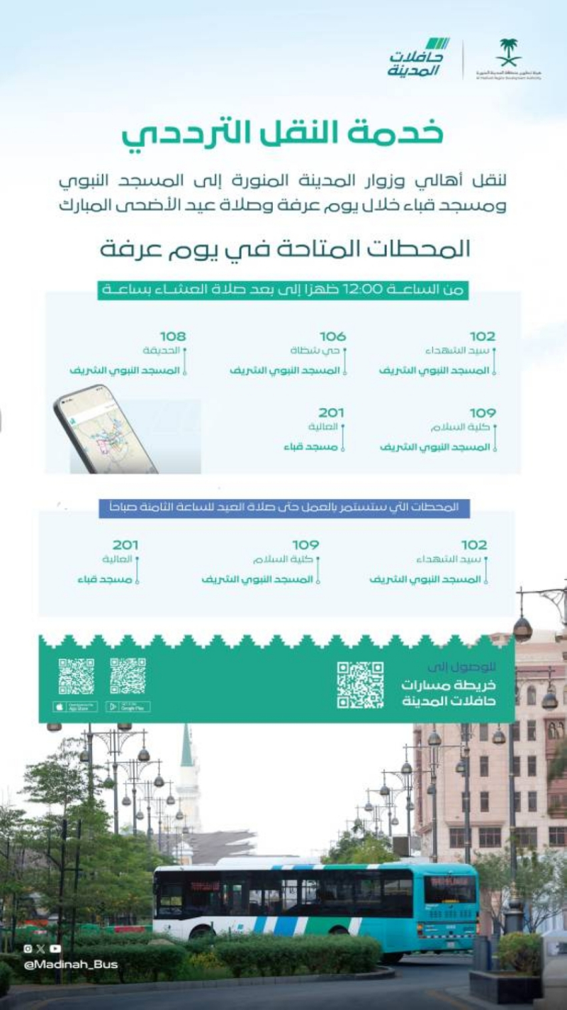 “حافلات المدينة” تُفعّل خدمة النقل الترددي للمسجد النبوي ومسجد قباء