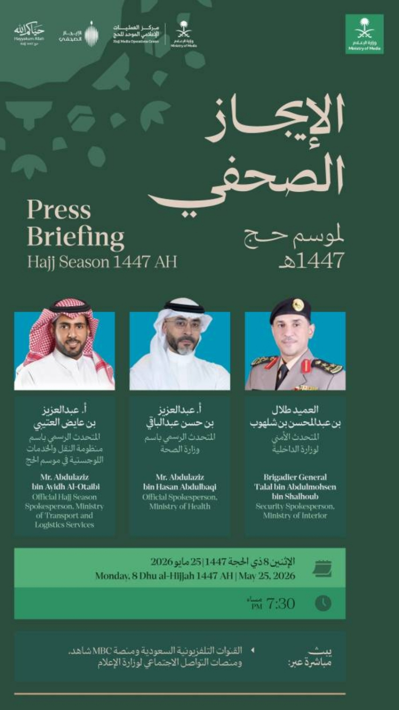 “الإعلام”: غدًا الإيجاز الصحفي الثاني لموسم حج 1447هـ