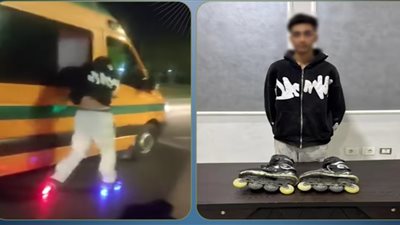 شاب يتشبث بسيارة إسعاف بحذاء تزلج في الشرقية.. والداخلية تكشف التفاصيل