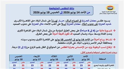 حالة الطقس المتوقعة في مصر من الأحد 14 يونيو حتى الخميس 18 يونيو 2026