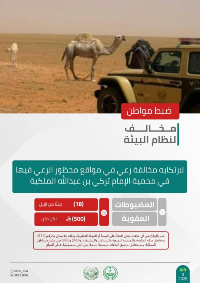 “الأمن البيئي” يضبط مواطنًا مخالفًا لنظام البيئة في محمية الإمام تركي بن عبدالله الملكية