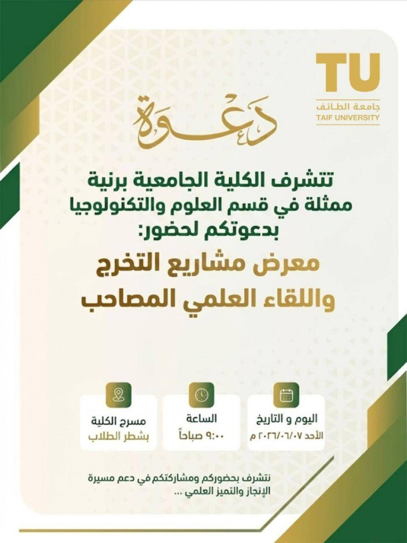 جامعة الطائف تنظم بكلية رنية معرض مشاريع التخرج واللقاء العلمي غدًا الأحد