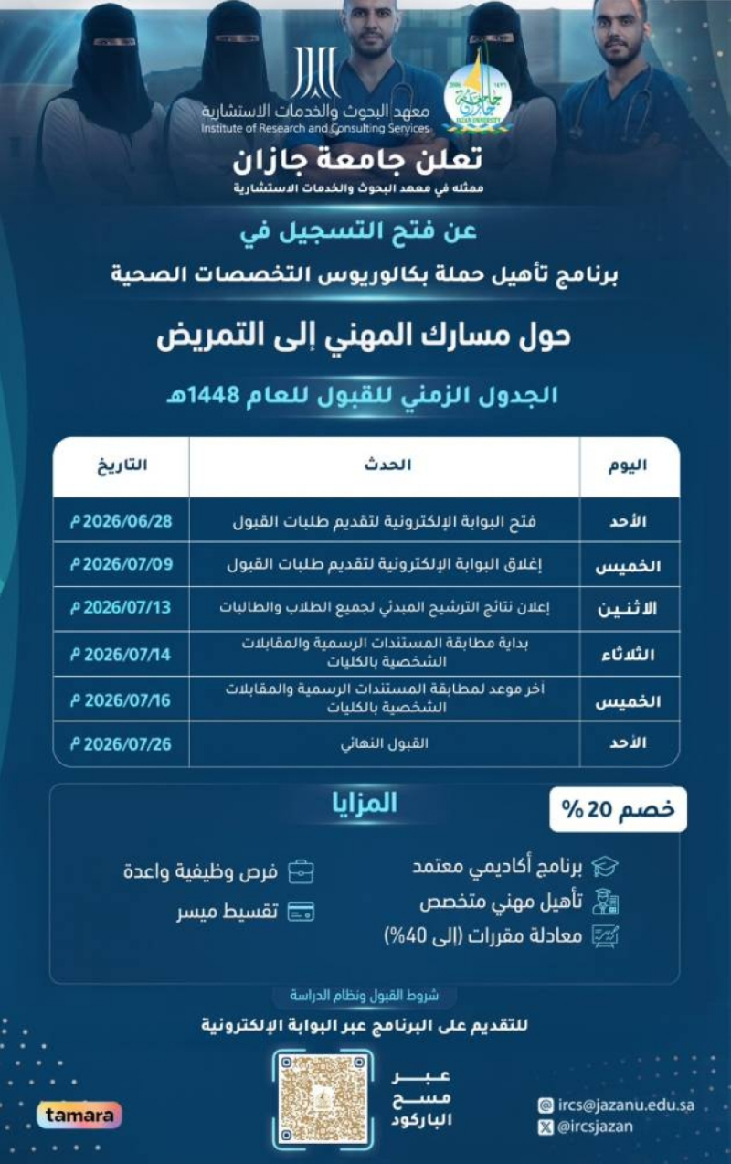 جامعة جازان: غدًا استقبال طلبات التحويل إلى مسار التمريض