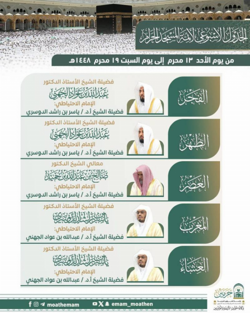 اعتماد الجدول الأسبوعي لأئمة الحرمين الشريفين