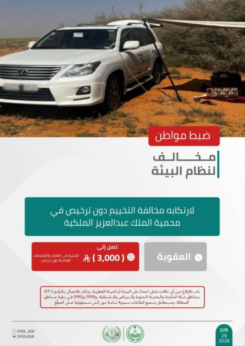 “الأمن البيئي” يضبط مخالفًا لنظام البيئة في محمية الملك عبدالعزيز الملكية