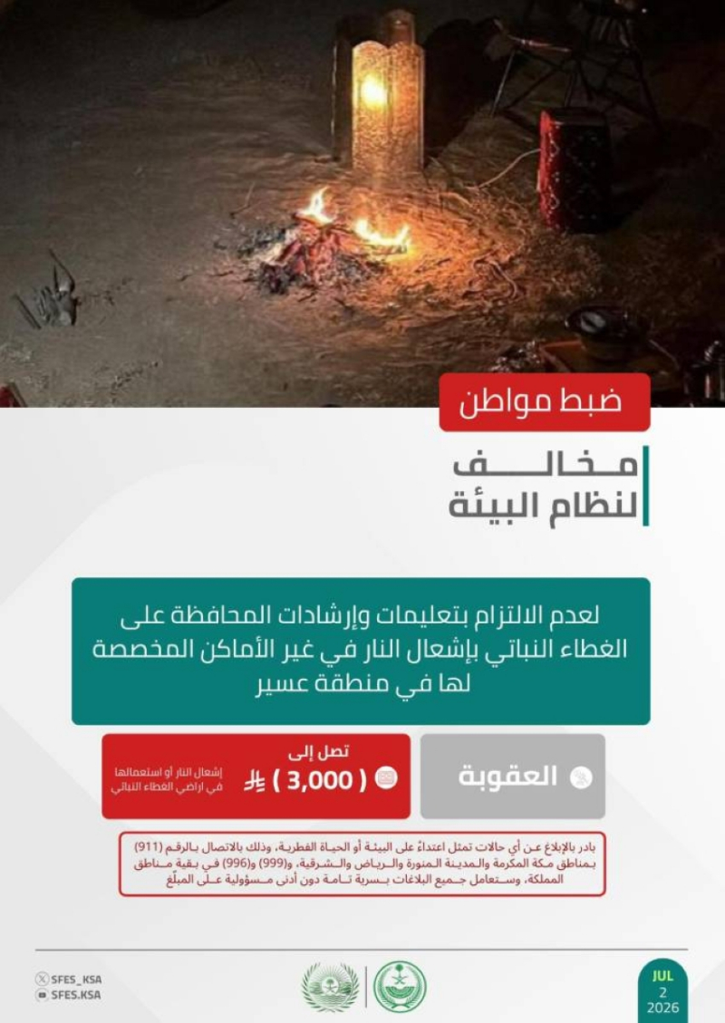 “الأمن البيئي” يضبط مواطنًا مخالفًا لنظام البيئة لإشعاله النار في الأماكن غير المخصصة لها بمنطقة عسير