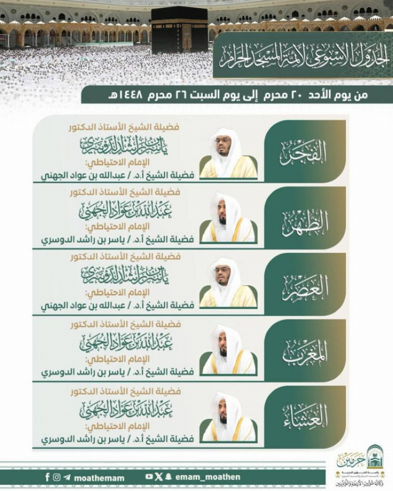 “الشؤون الدينية” تعلن الجدول الأسبوعي لأئمة الحرمين الشريفين