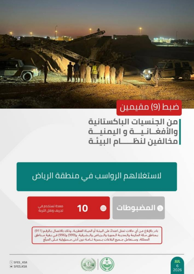 “الأمن البيئي” يضبط 9 مقيمين مخالفين لنظام البيئة لاستغلال الرواسب في منطقة الرياض
