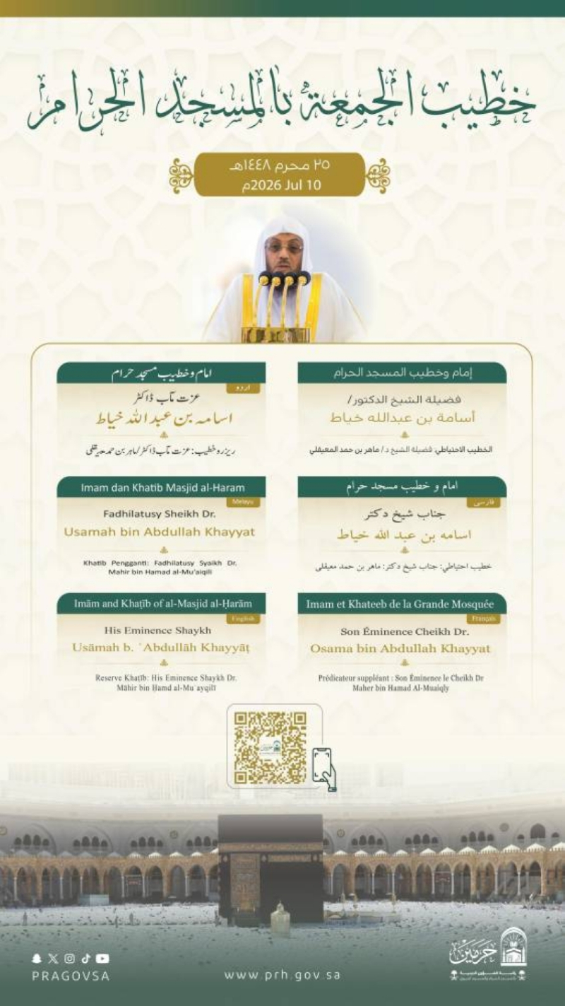 “الشؤون الدينية” تعلن خطيبي الجمعة في الحرمين الشريفين ليوم 25 محرم