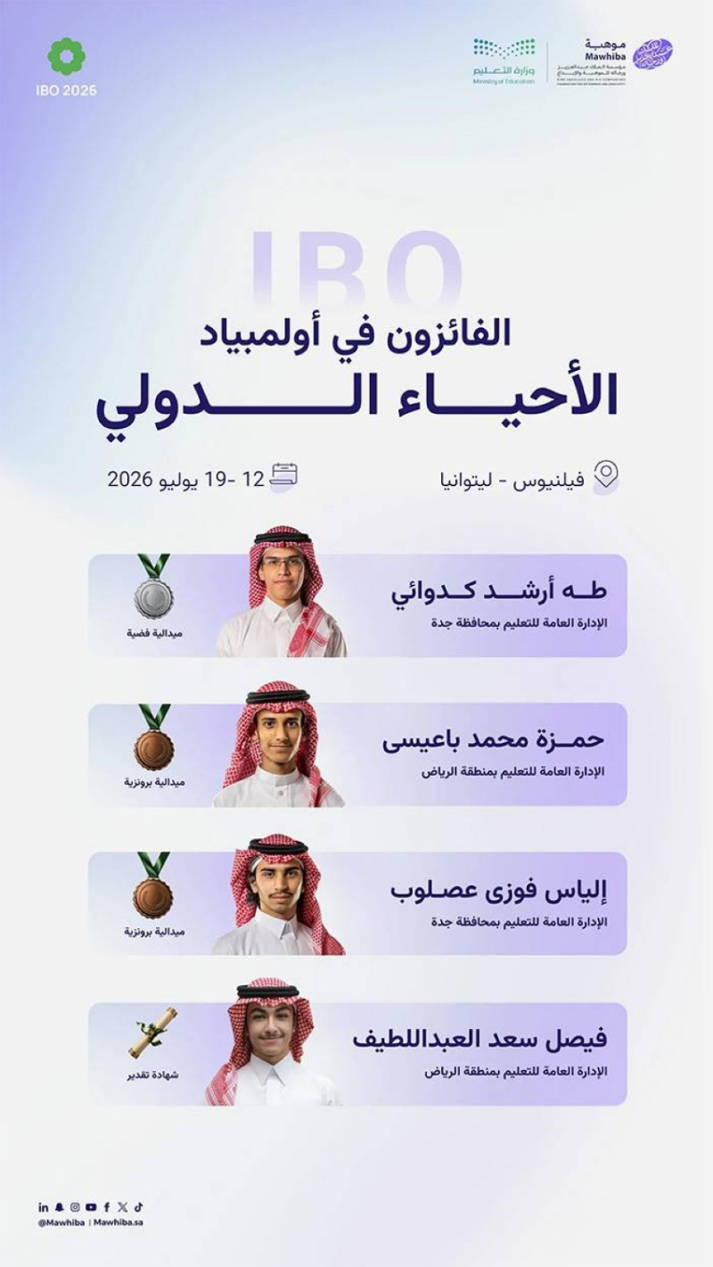 4 جوائز دولية للمملكة في أولمبياد الأحياء الدولي 2026