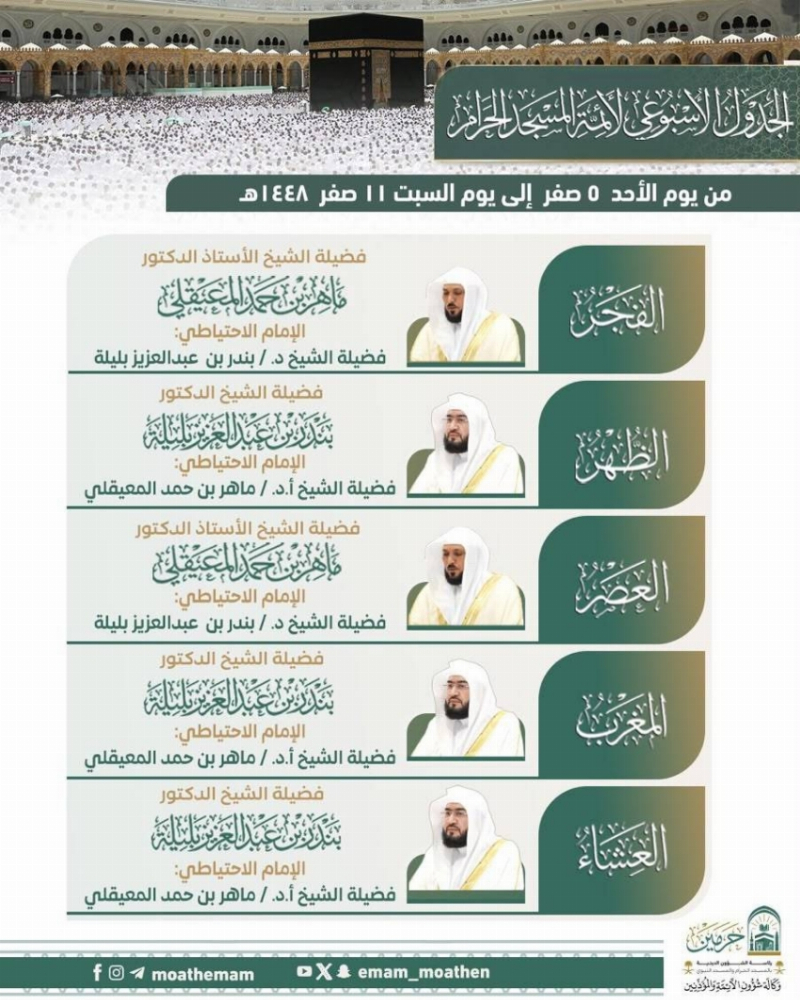 “الشؤون الدينية” تعلن الجدول الأسبوعي لأئمة الحرمين الشريفين