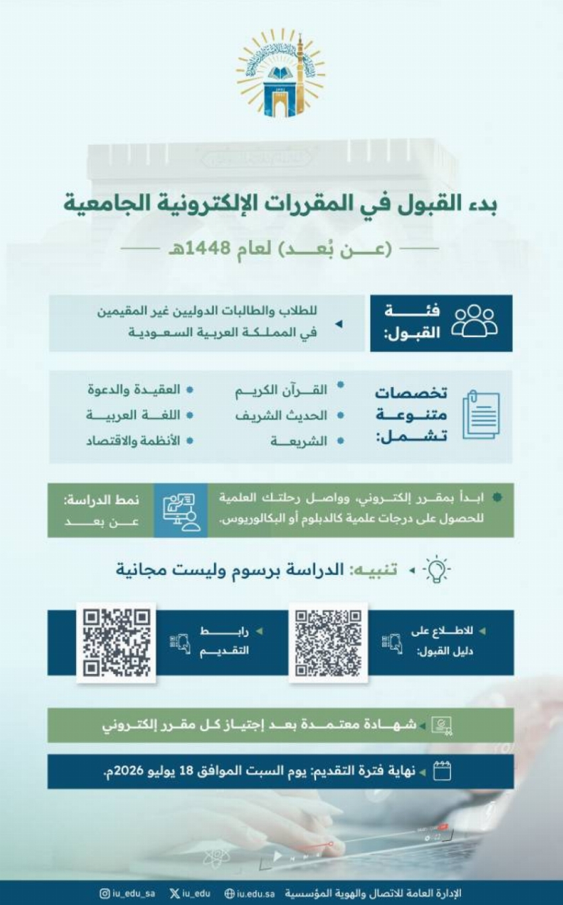الجامعة الإسلامية: تمديد فترة التسجيل في برنامج “المقررات الإلكترونية”