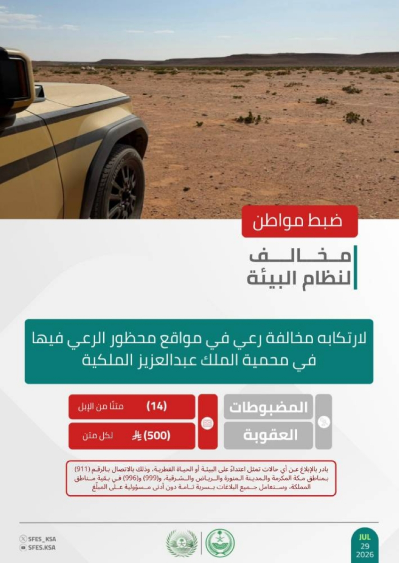 “الأمن البيئي” يضبط مواطنًا لارتكابه مخالفة رعي في محمية الملك عبدالعزيز الملكية