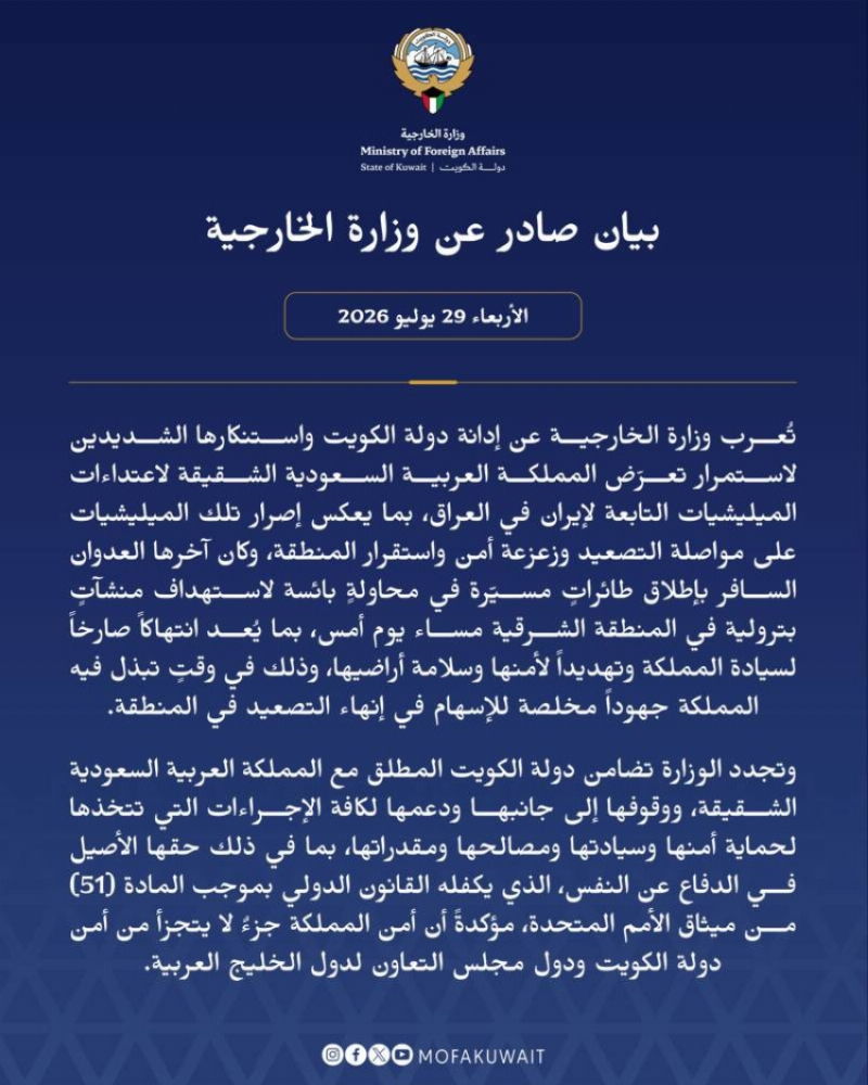 الكويت تدين استمرار استهداف المملكة من مليشيات تابعة لإيران في العراق