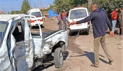 إصابة 4 أشخاص في حادث تصادم سيارتين بمزلقان خور أبو زبيرة بأسوان